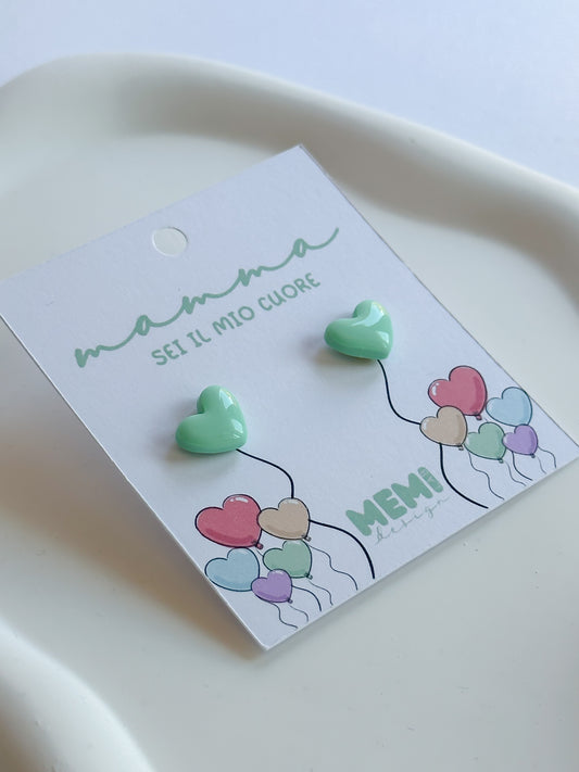 Orecchini FESTA DELLA MAMMA bottone cuori piccoli verde acqua